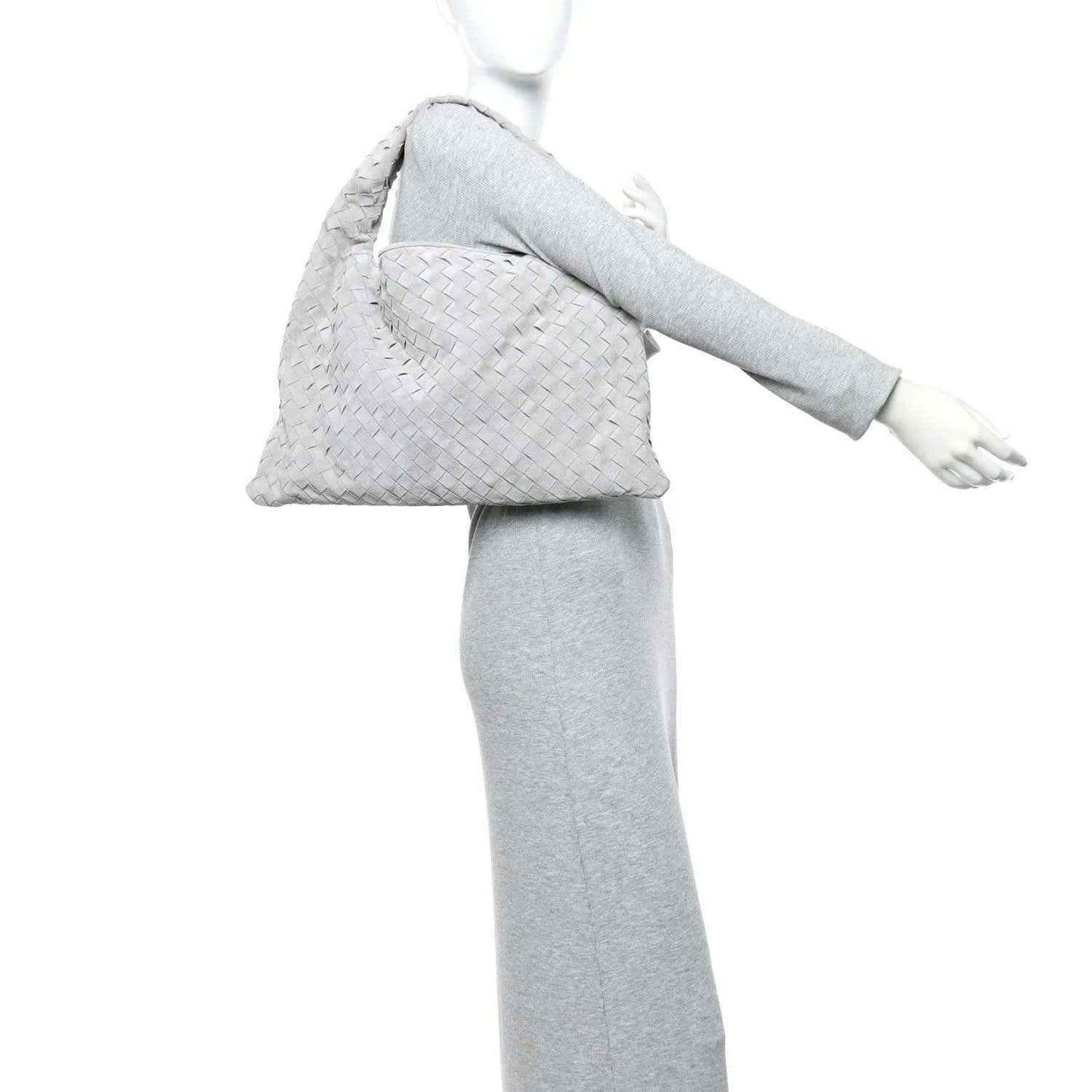 Small hobo bag in sterling grey suede with intrecciato woven pattern, side view