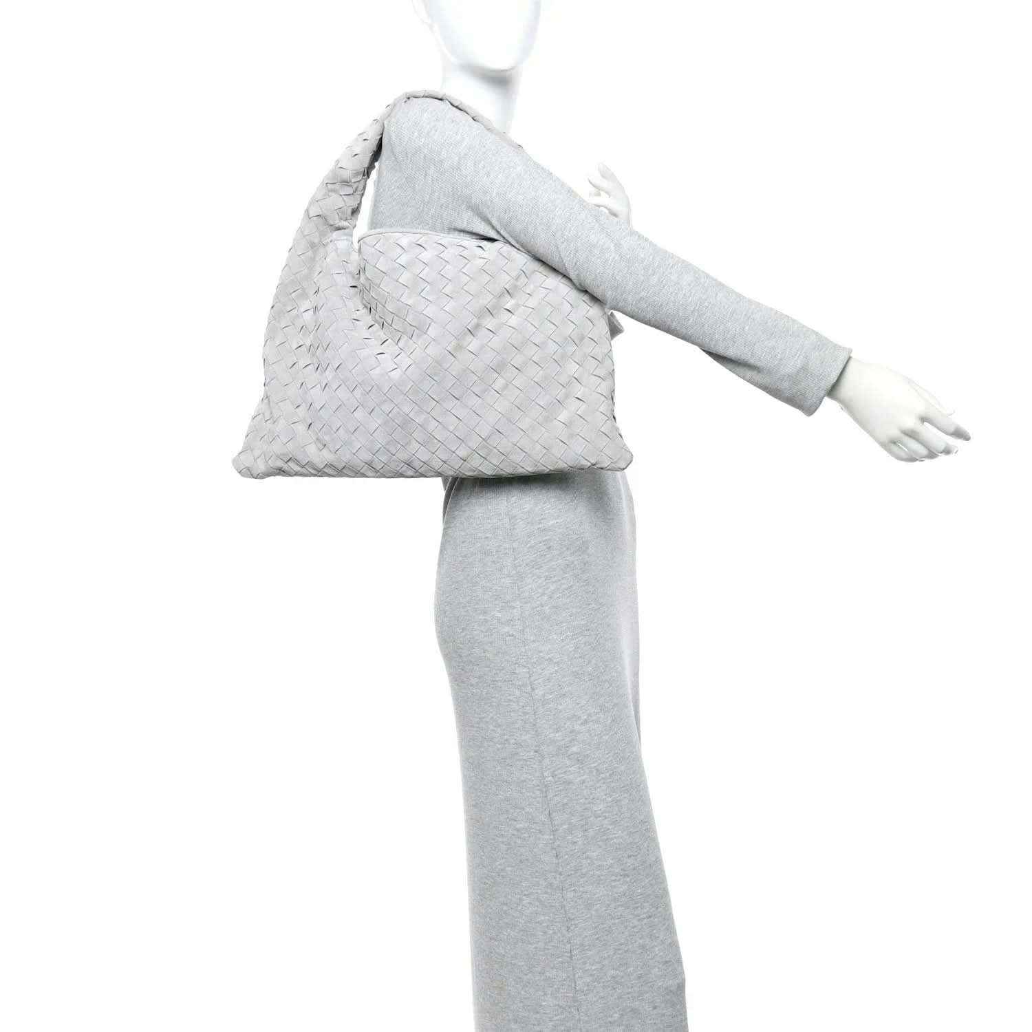 Small hobo bag in sterling grey suede with intrecciato woven pattern, side view