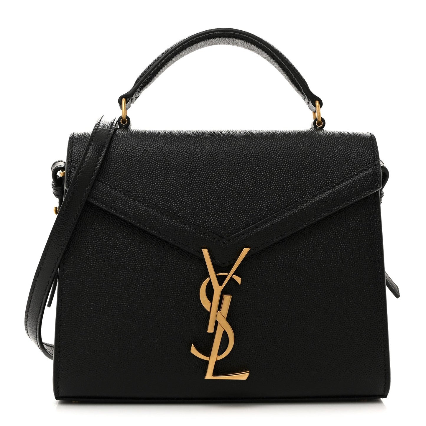 Black leather mini top-handle shoulder bag with YSL logo and gold clasp.