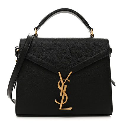 Black leather mini top-handle shoulder bag with YSL logo and gold clasp.