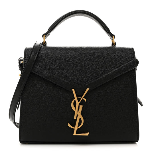 Black leather mini top-handle shoulder bag with YSL logo and gold clasp.