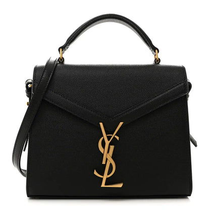 Black leather mini top-handle shoulder bag with YSL logo and gold clasp.