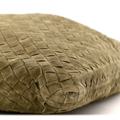 Suede intrecciato hobo bag in mud green close-up with braided square weave