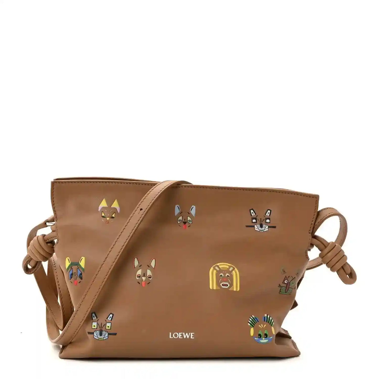 Tan smooth leather mini clutch with colorful animal applique prints and knotted strap.