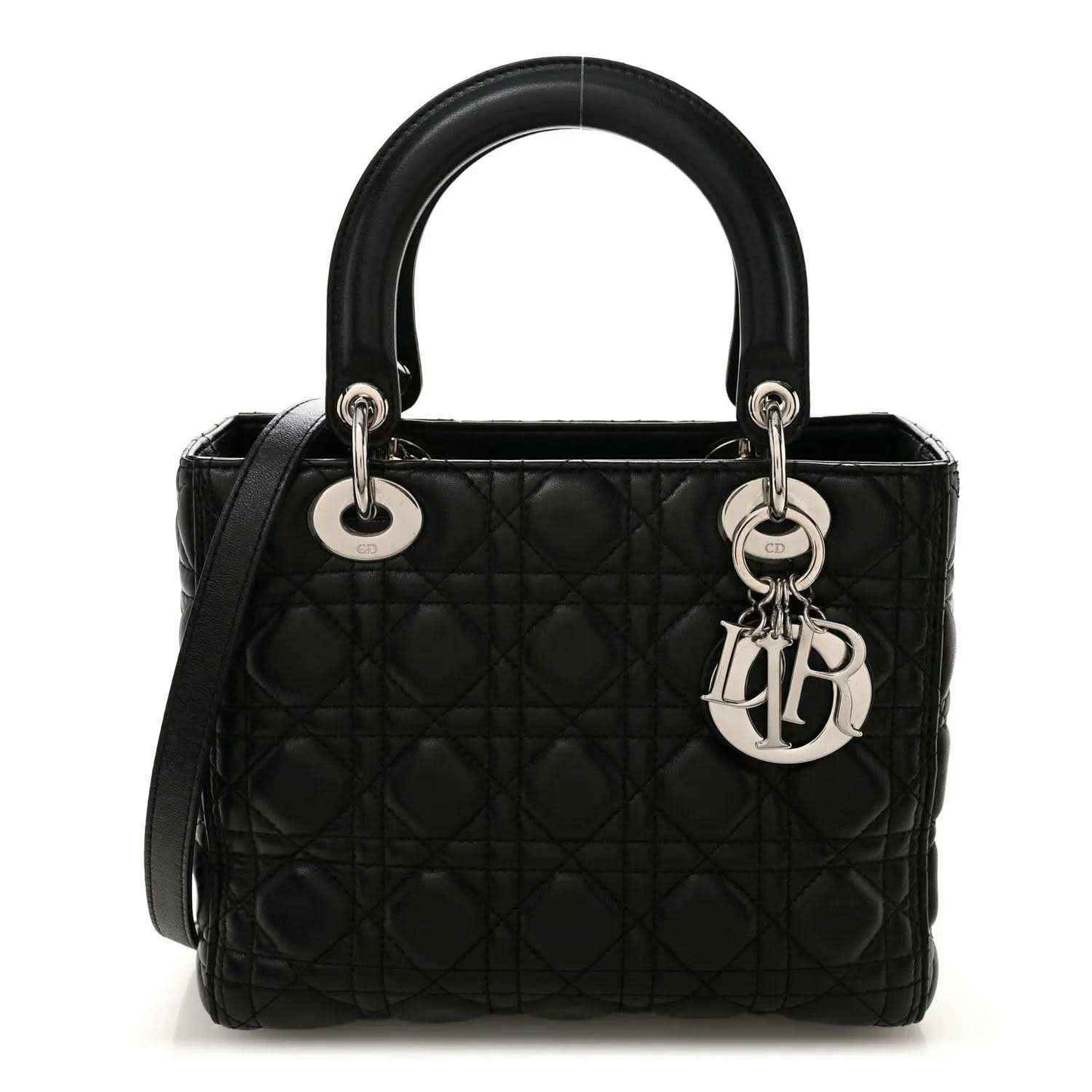 Medium Lady Dior handbag in black, quilted leather with top handles and charm hardware