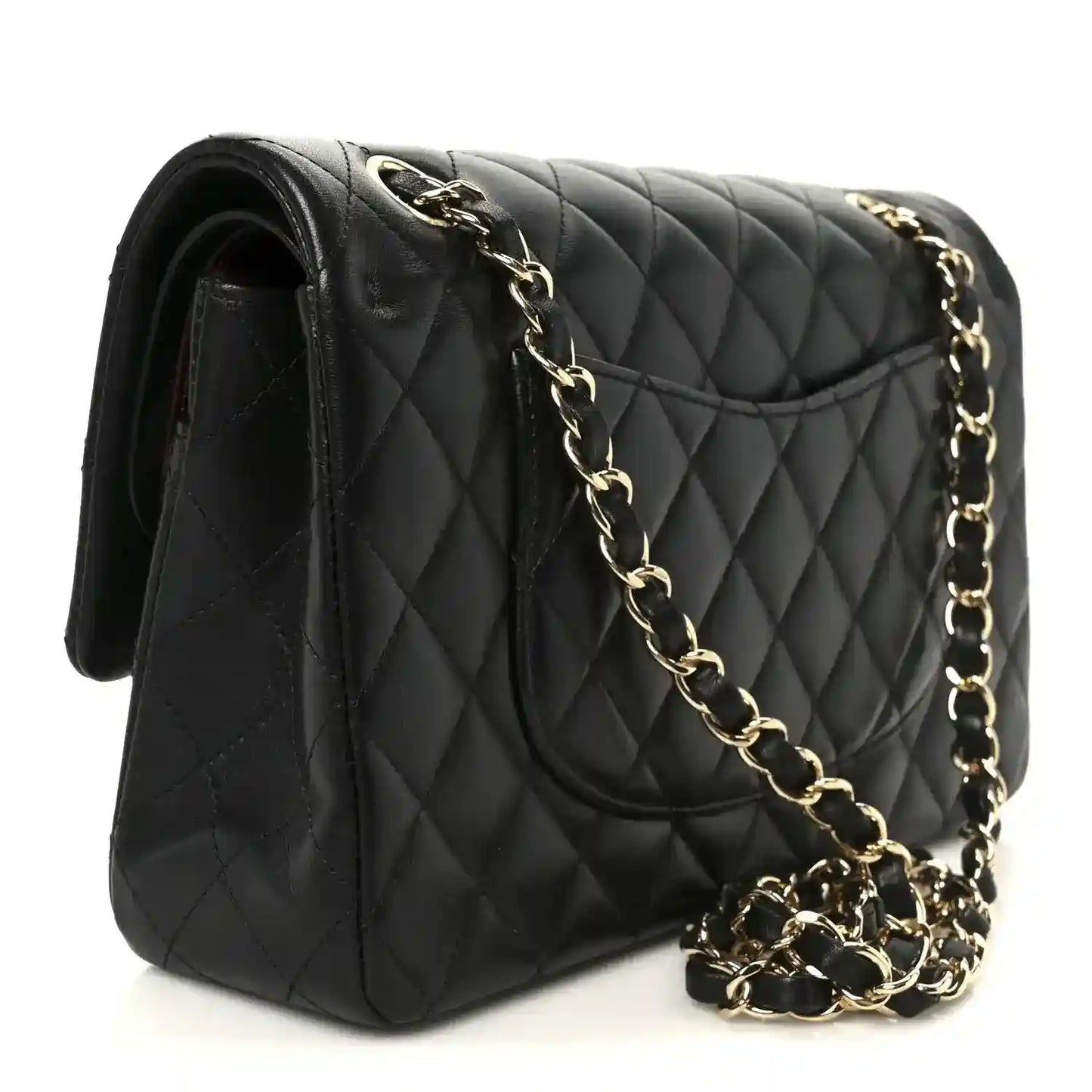 Chanel black quilted lambskin double flap bag with gold chain strap and side profile