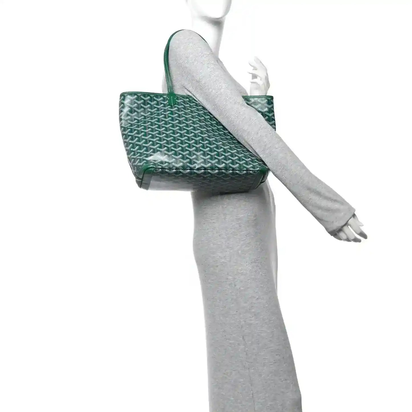 Goyard Artois PM tote bag shown worn with long green canvas strap