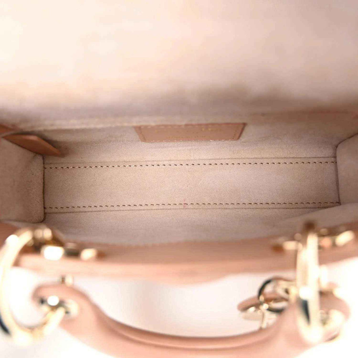 Pink beige handbag interior with stitched leather lining and visible gold-tone hardware