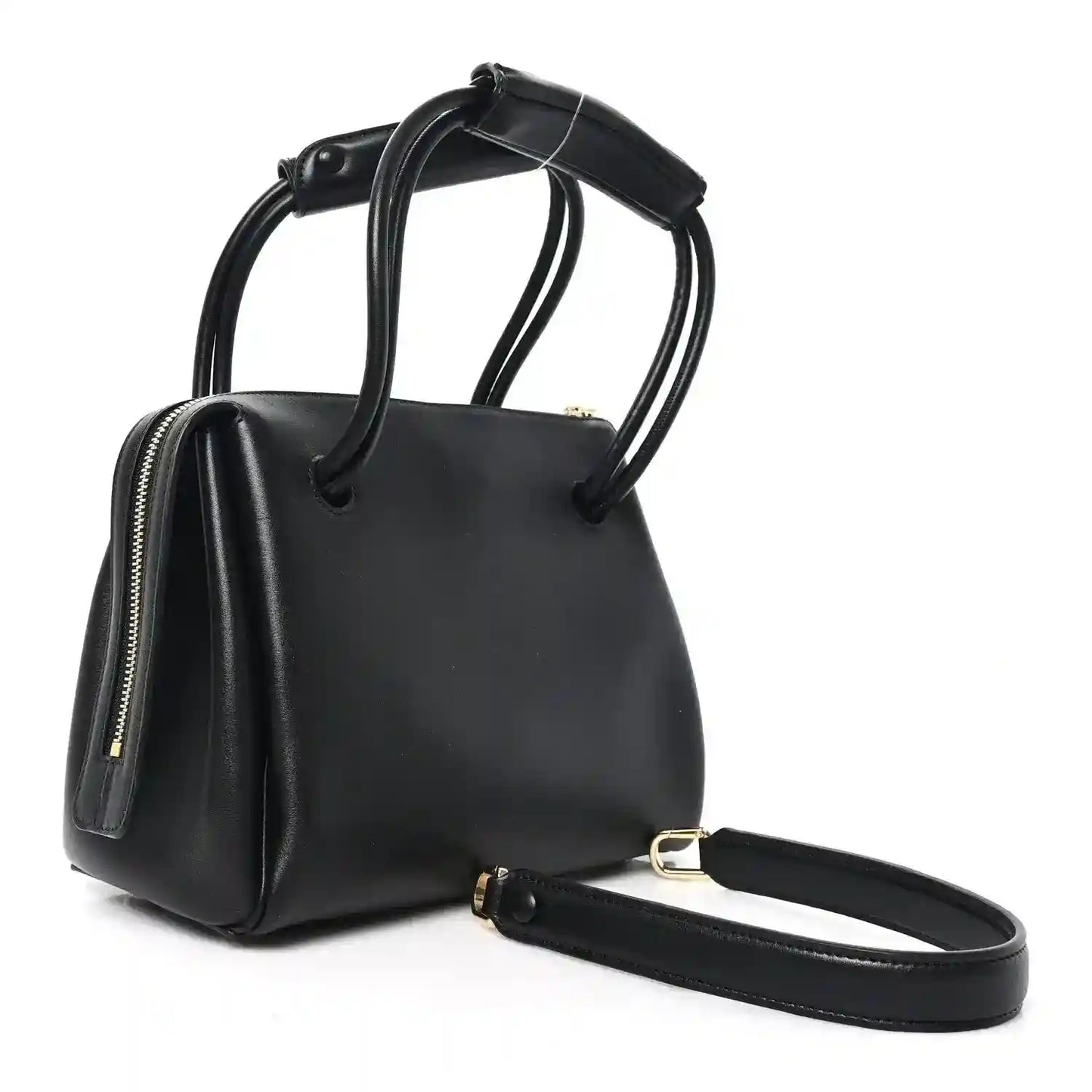 Small black leather handbag with zip top, curved handles, and crossbody strap