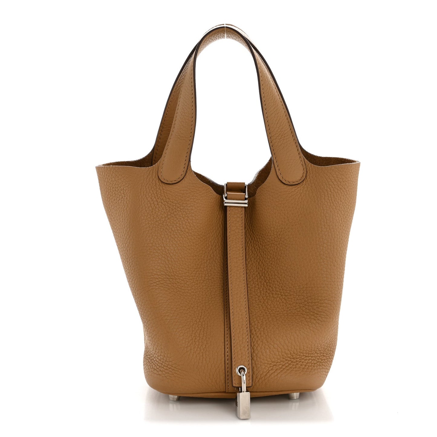 Tan leather bucket bag with top handles and front lock clasp