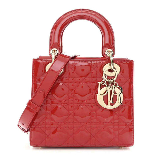 Christian Dior small patent quilted handbag, red, top handles, front charm and strap