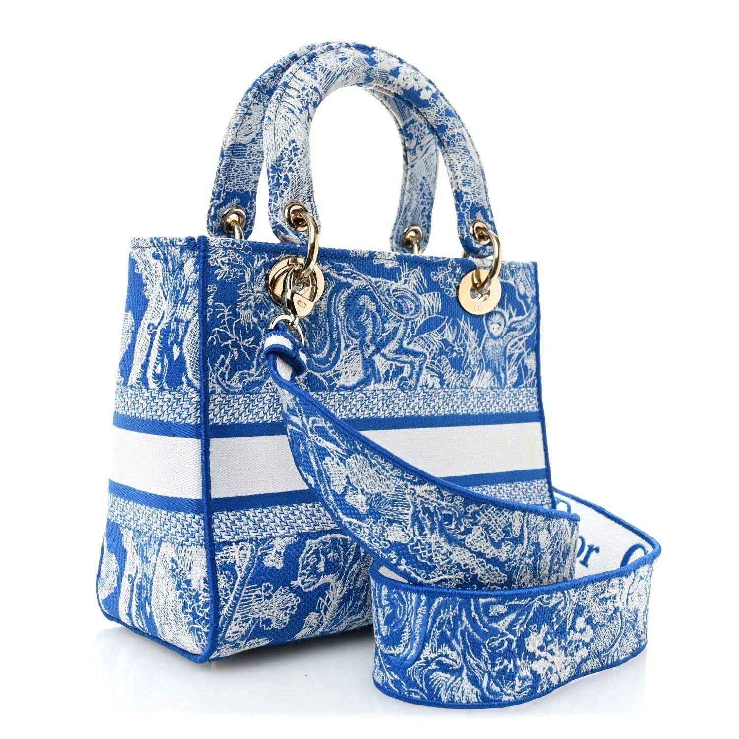 Christian Dior medium tote bag in blue and white toile print with shoulder strap and top handles
