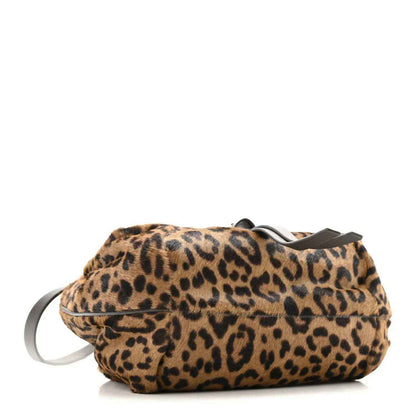 Leopard-print mini spy bag with short handle and black crossbody strap.
