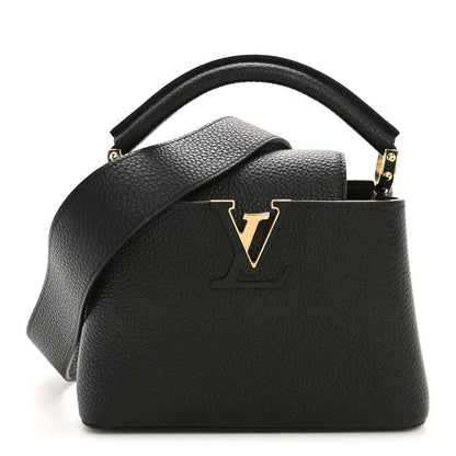 Black pebbled leather mini handbag with top handle and gold V logo hardware