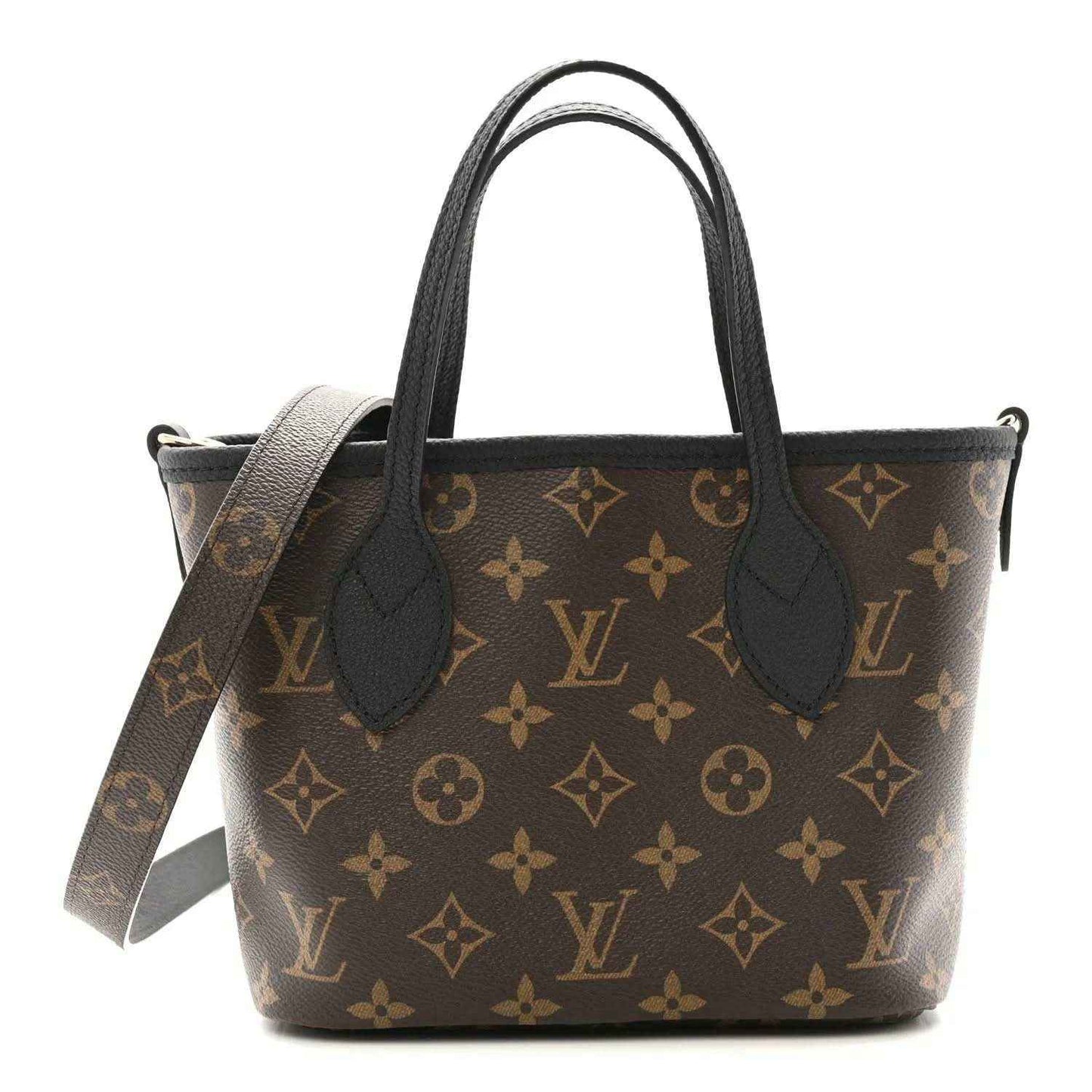 Reversible monogram tote bag with black top handles, brown pattern, and black leather trim