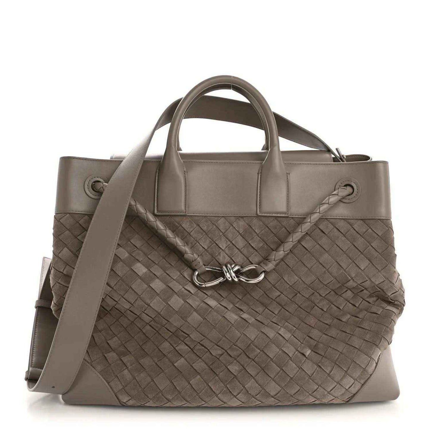 Bottega Veneta suede intrecciato tote bag, limestone, braided texture and top handles