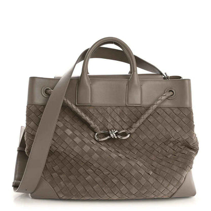 Bottega Veneta suede intrecciato tote bag, limestone, braided texture and top handles