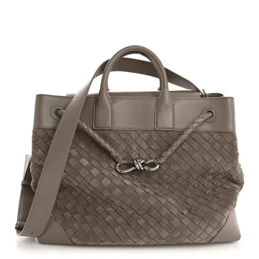Bottega Veneta suede intrecciato tote bag, limestone, braided texture and top handles