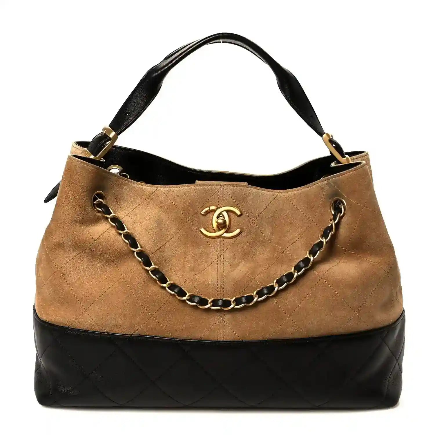 Beige suede small shopping bag with black quilted base and chain handle