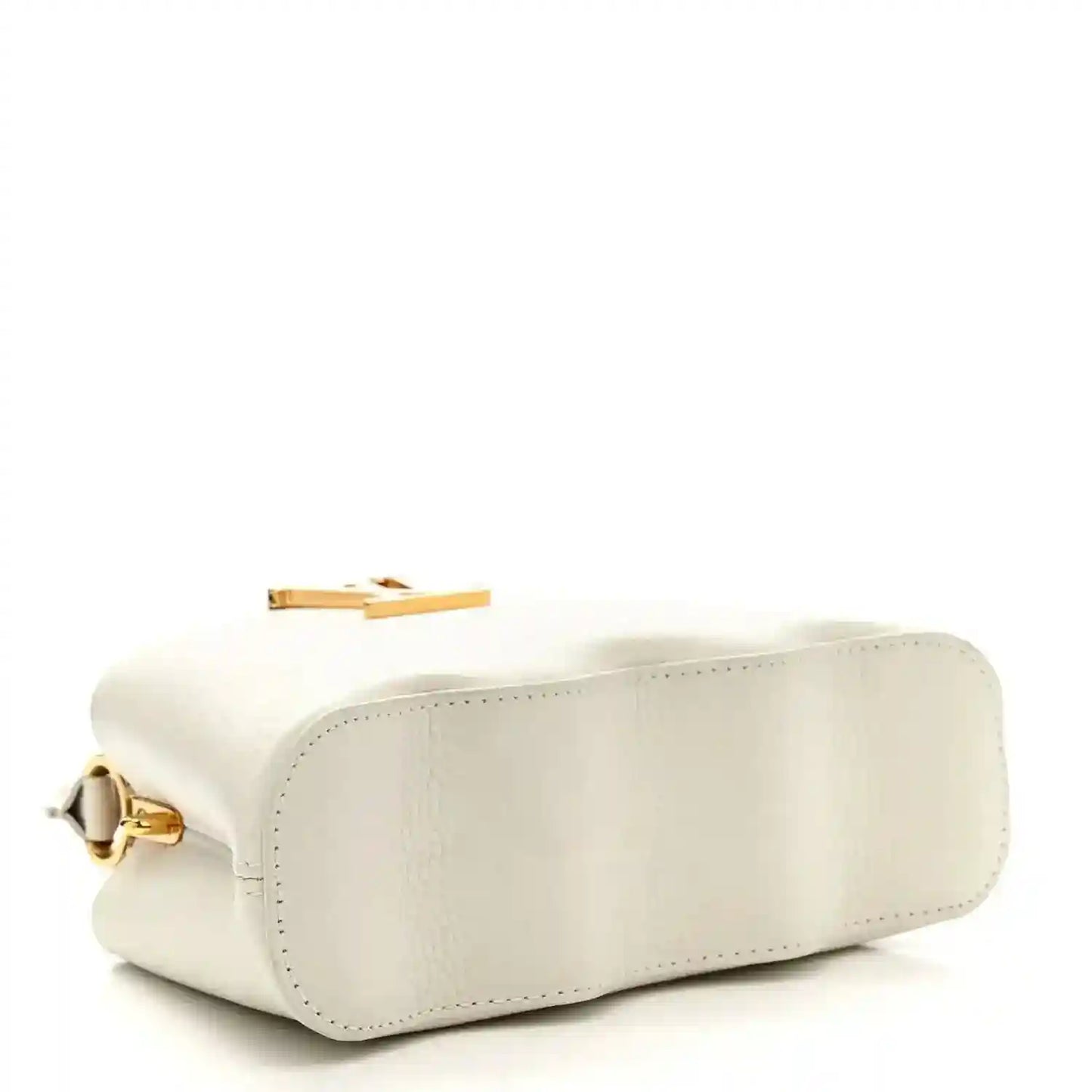 Louis Vuitton Capucines mini handbag, white, side profile with gold turn-lock