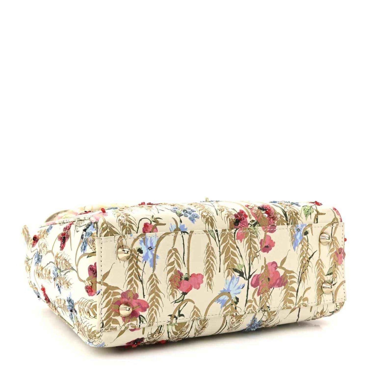 Embroidered floral tote bag with structured base and gold-tone accents