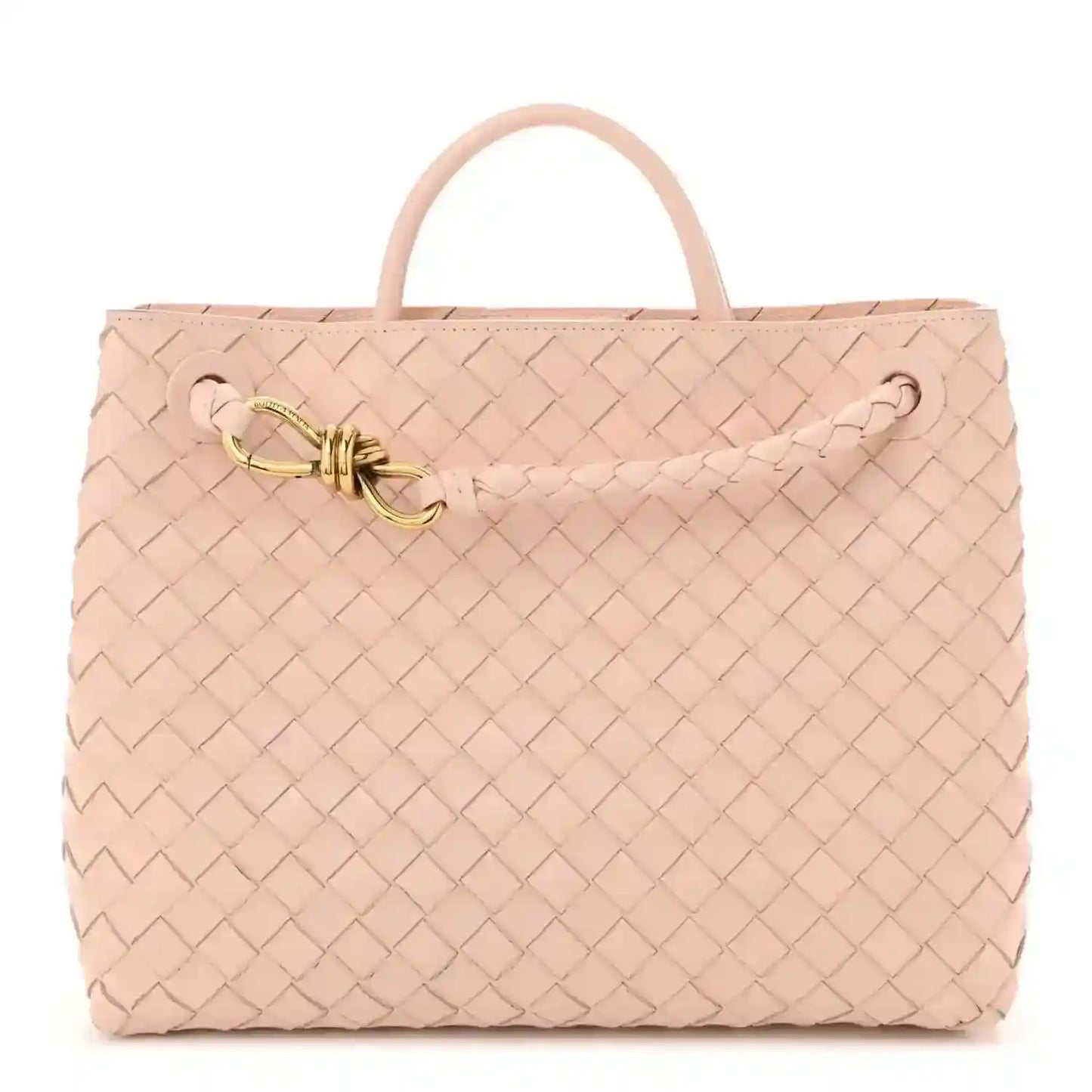 Pink intrecciato leather medium shopper with top handles and gold toggle clasp