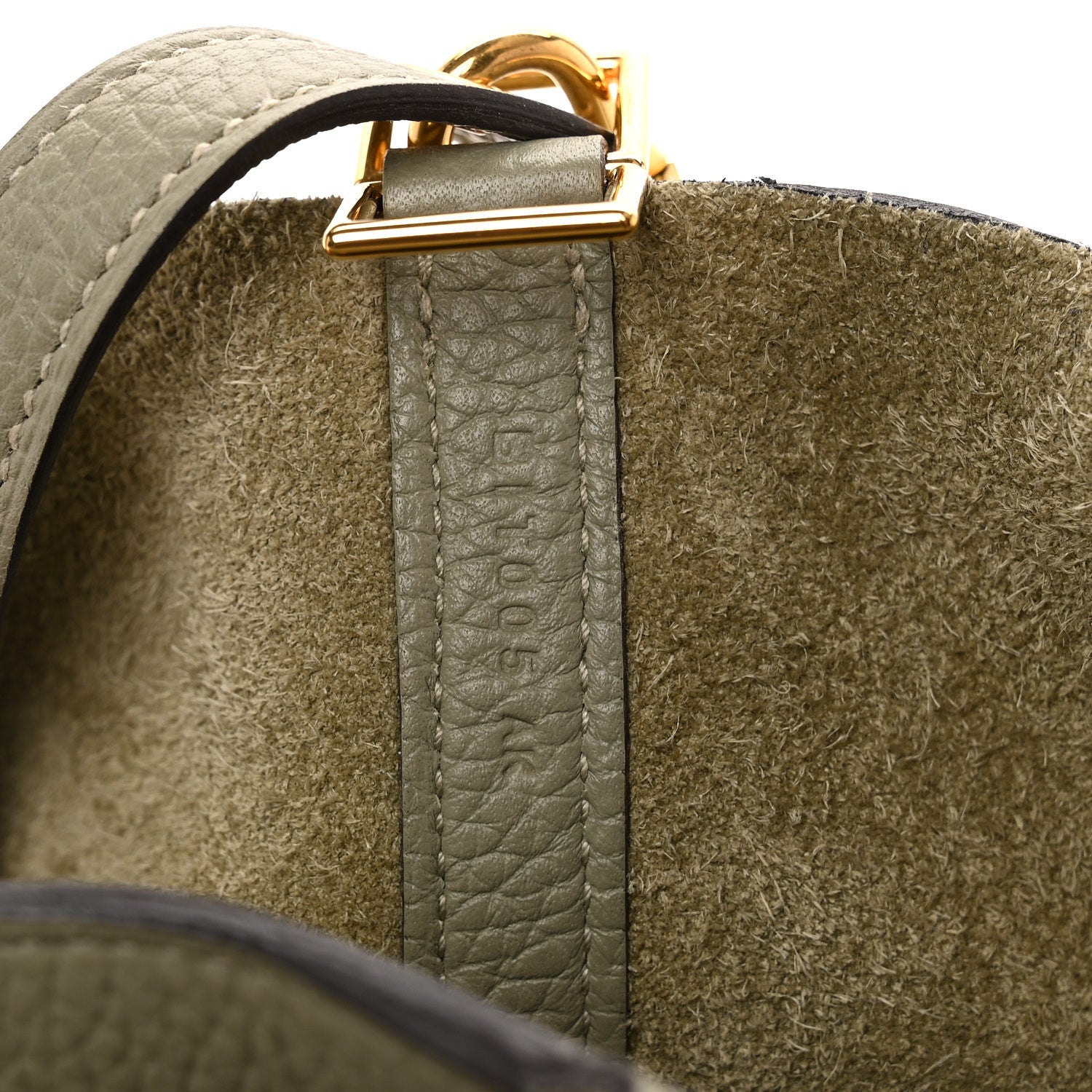 Sauge leather tote bag close-up of gold top hardware and strap stitching