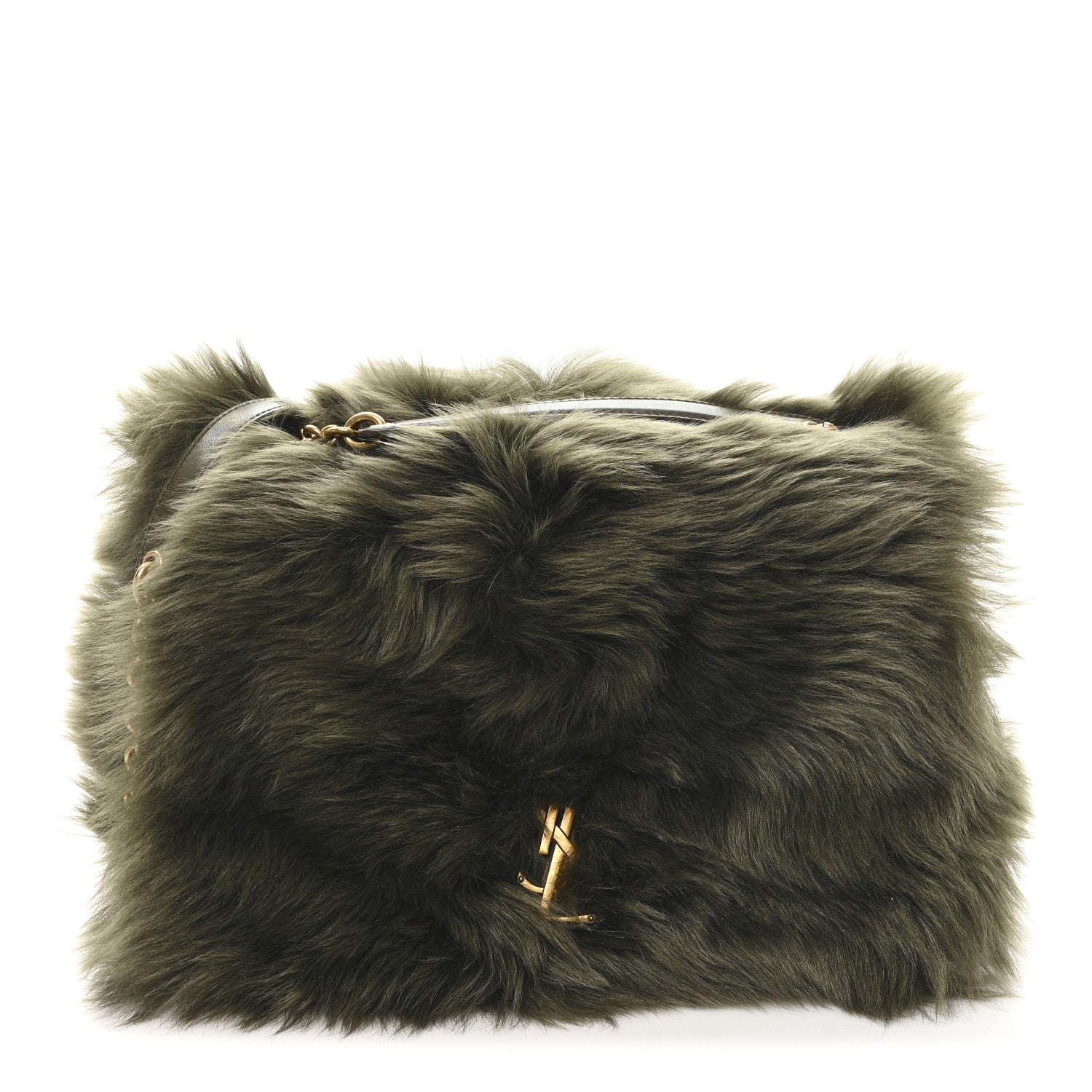 Shearling shoulder bag with gold YSL logo clasp and dark olive fur finish