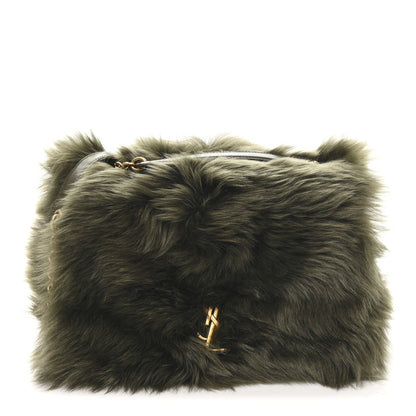Shearling shoulder bag with gold YSL logo clasp and dark olive fur finish