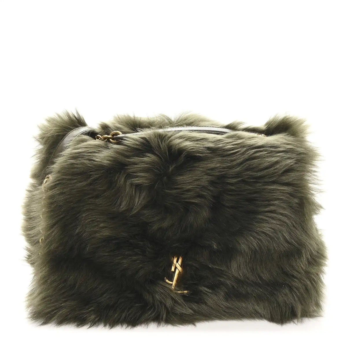 Shearling shoulder bag with gold YSL logo clasp and dark olive fur finish