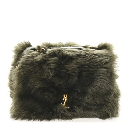 Shearling shoulder bag with gold YSL logo clasp and dark olive fur finish