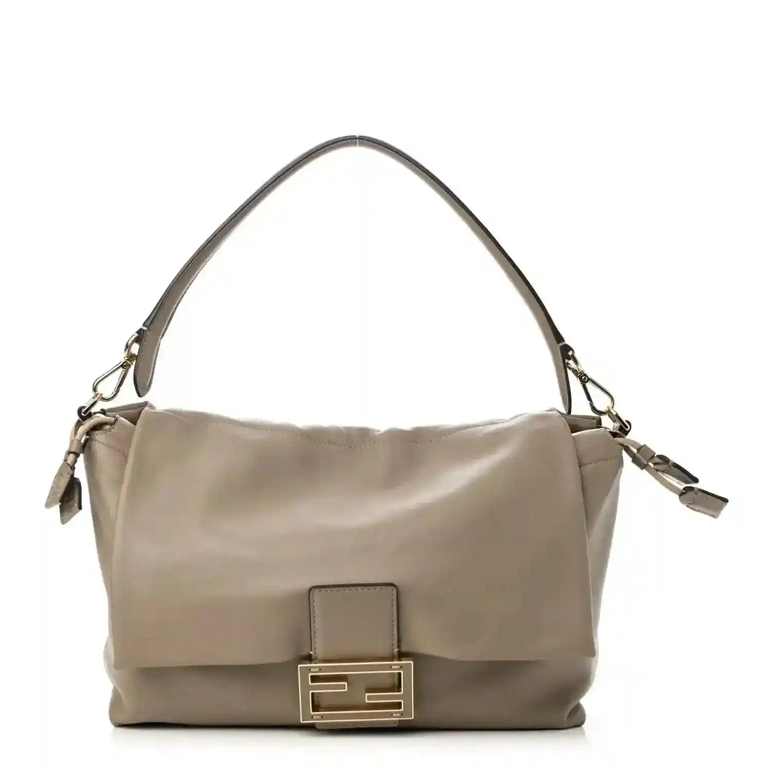 Fendi nappa leather large shoulder bag in tortora beige, top handle and side strap