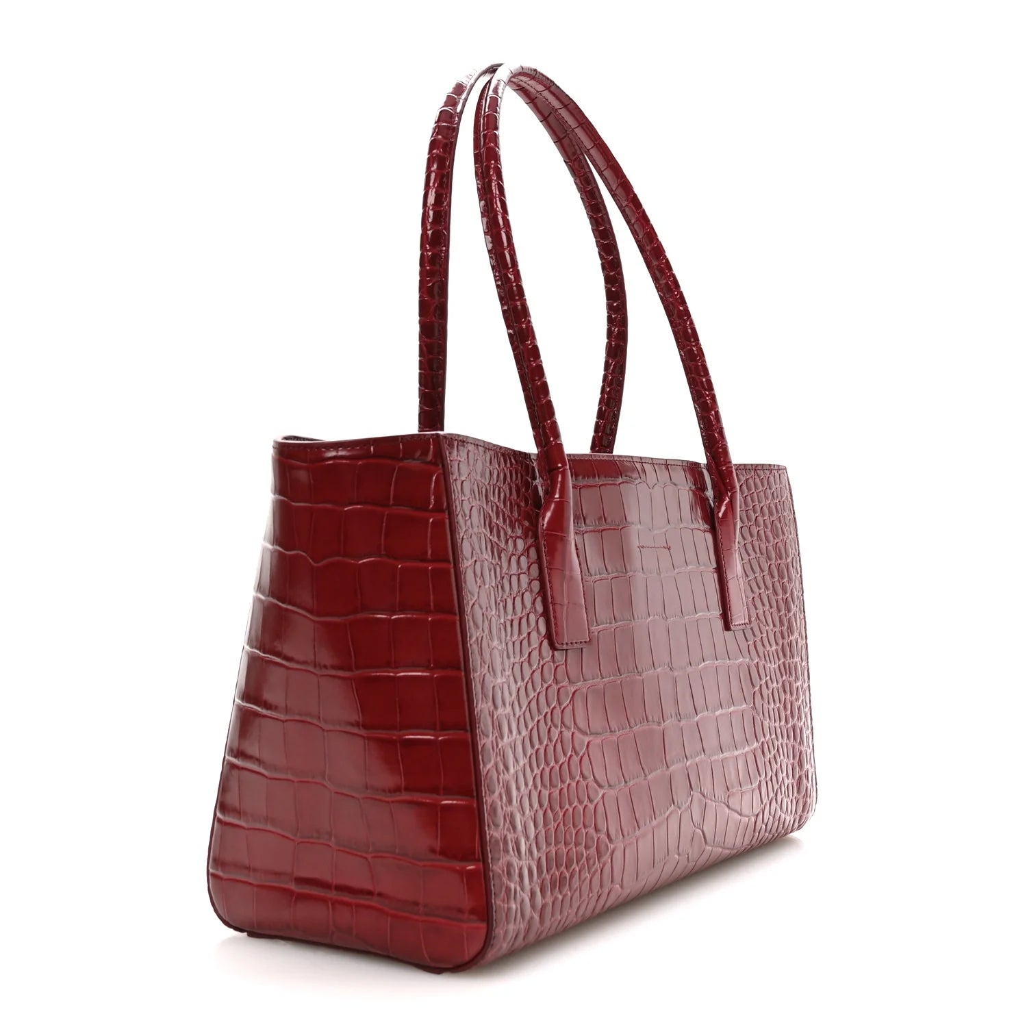 Small Chanel shopping bag with tall handles and croc-embossed leather in dark red