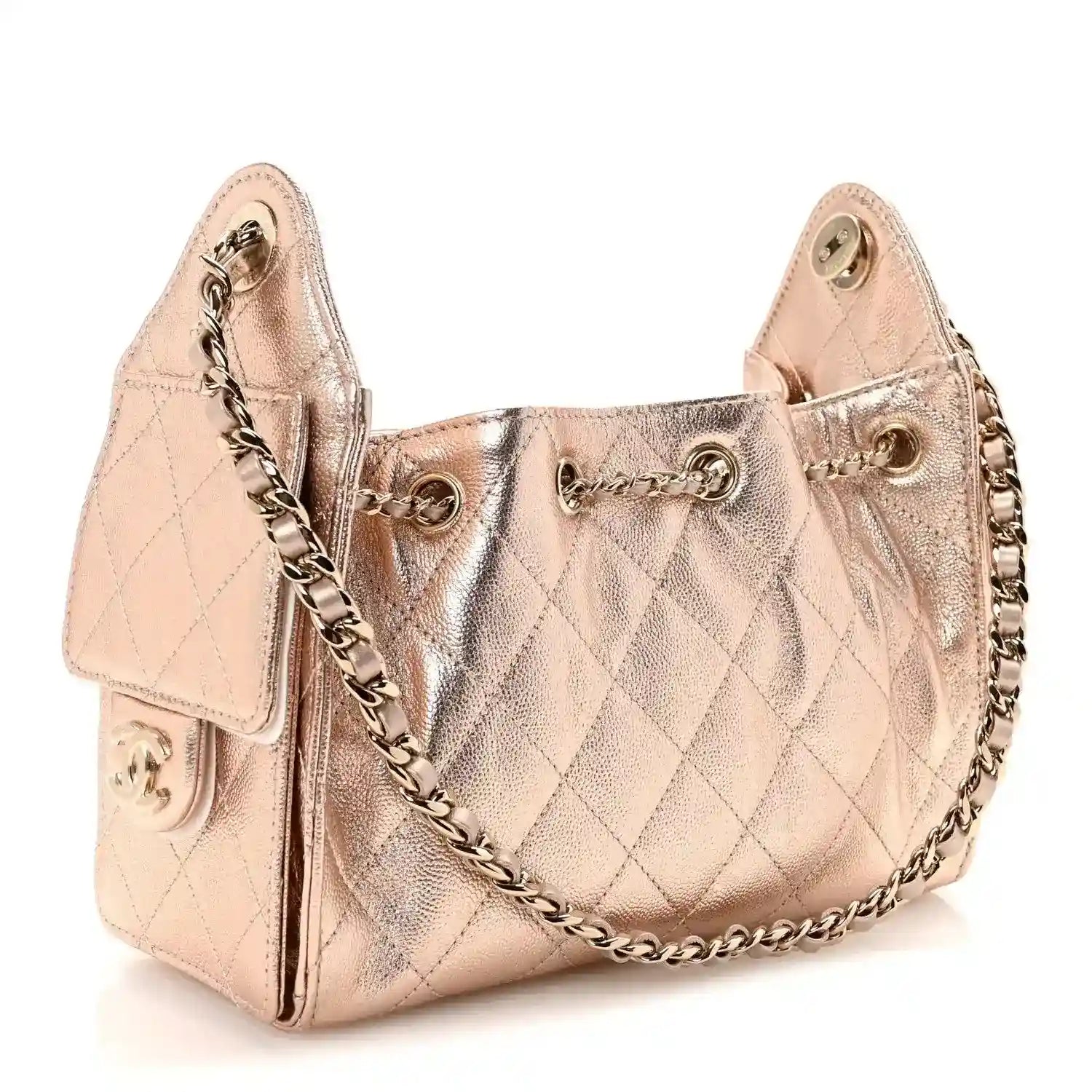 Copper quilted mini Chanel-style handbag with chain strap and front clasp hardware.