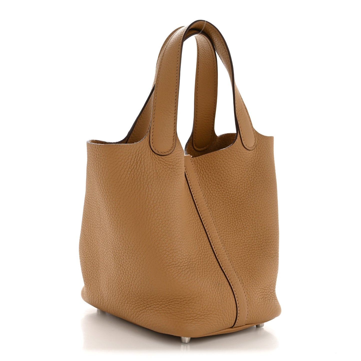 Tan leather bucket bag with side seam and structured base