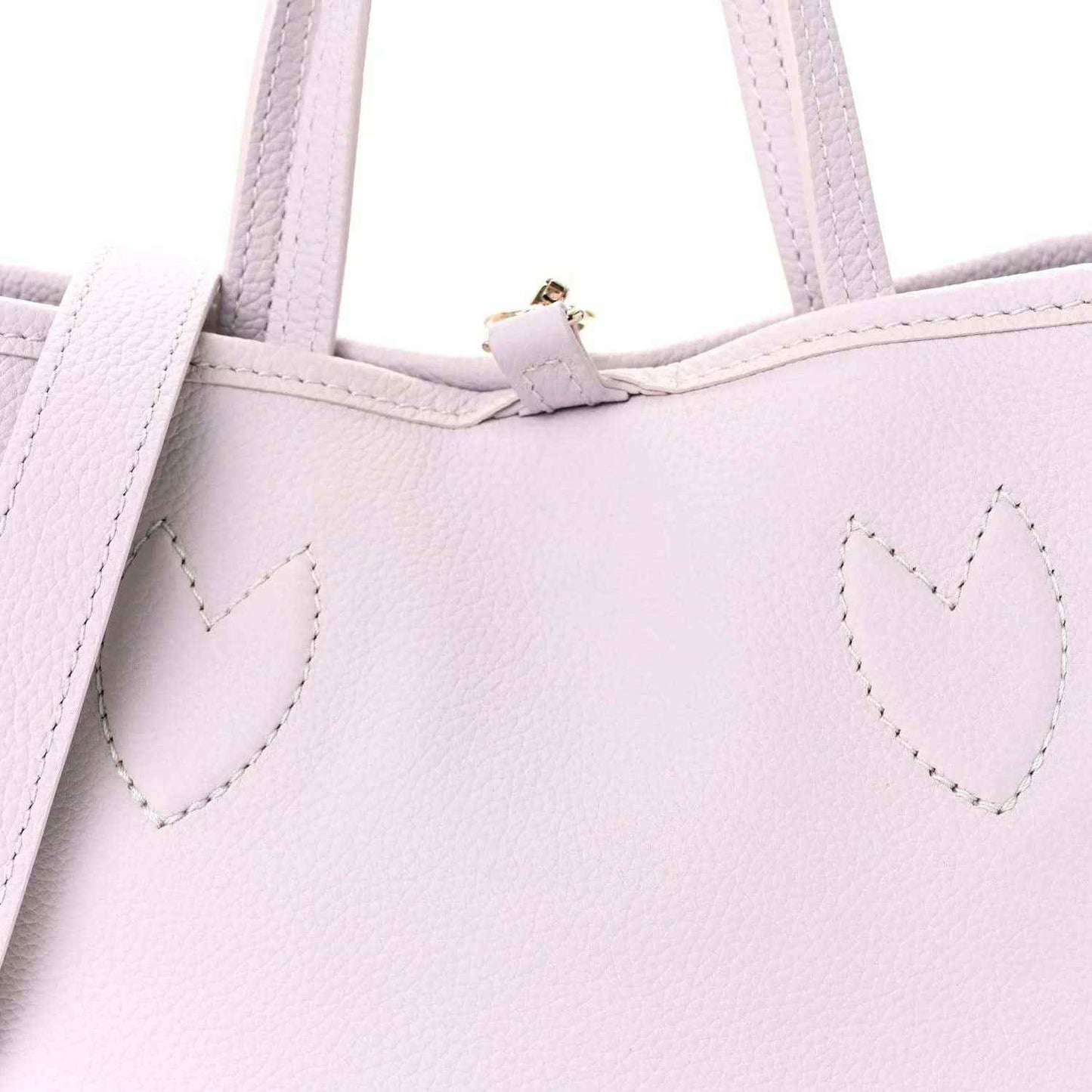 Lilac BB bag front with stitched heart motif and top handle tab
