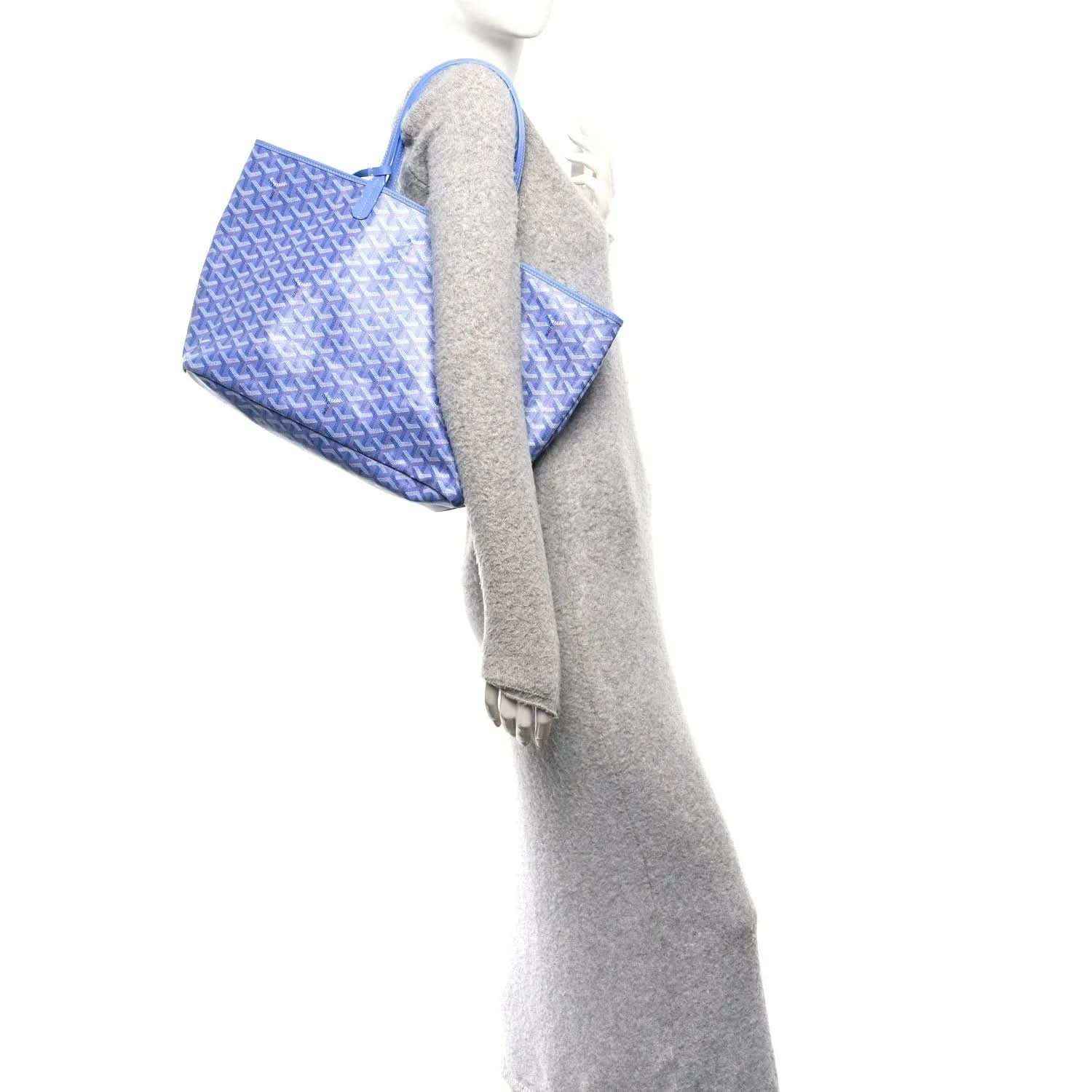 Goyardine tote bag with short handles and side gusset, blue with repeating pattern