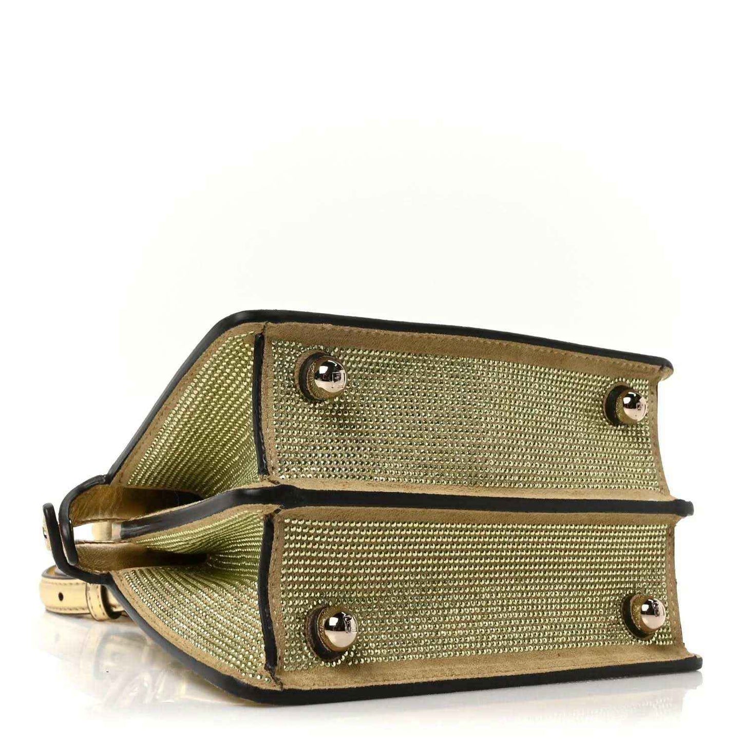 Petite Peekaboo satchel, olive textured finish, open top with black trim and crystal-style studs