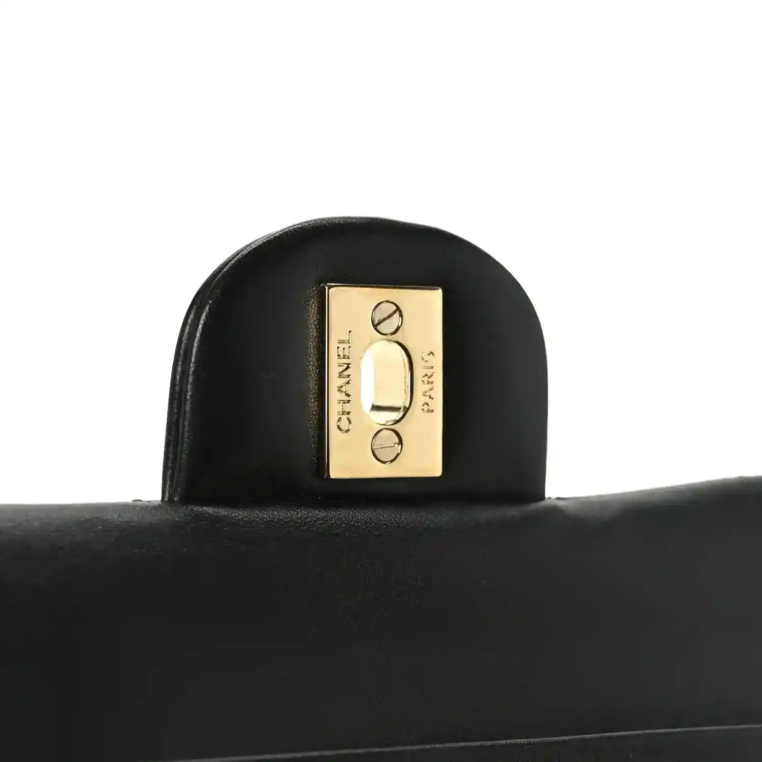Chanel black leather handbag interior plaque with gold “CHANEL” logo