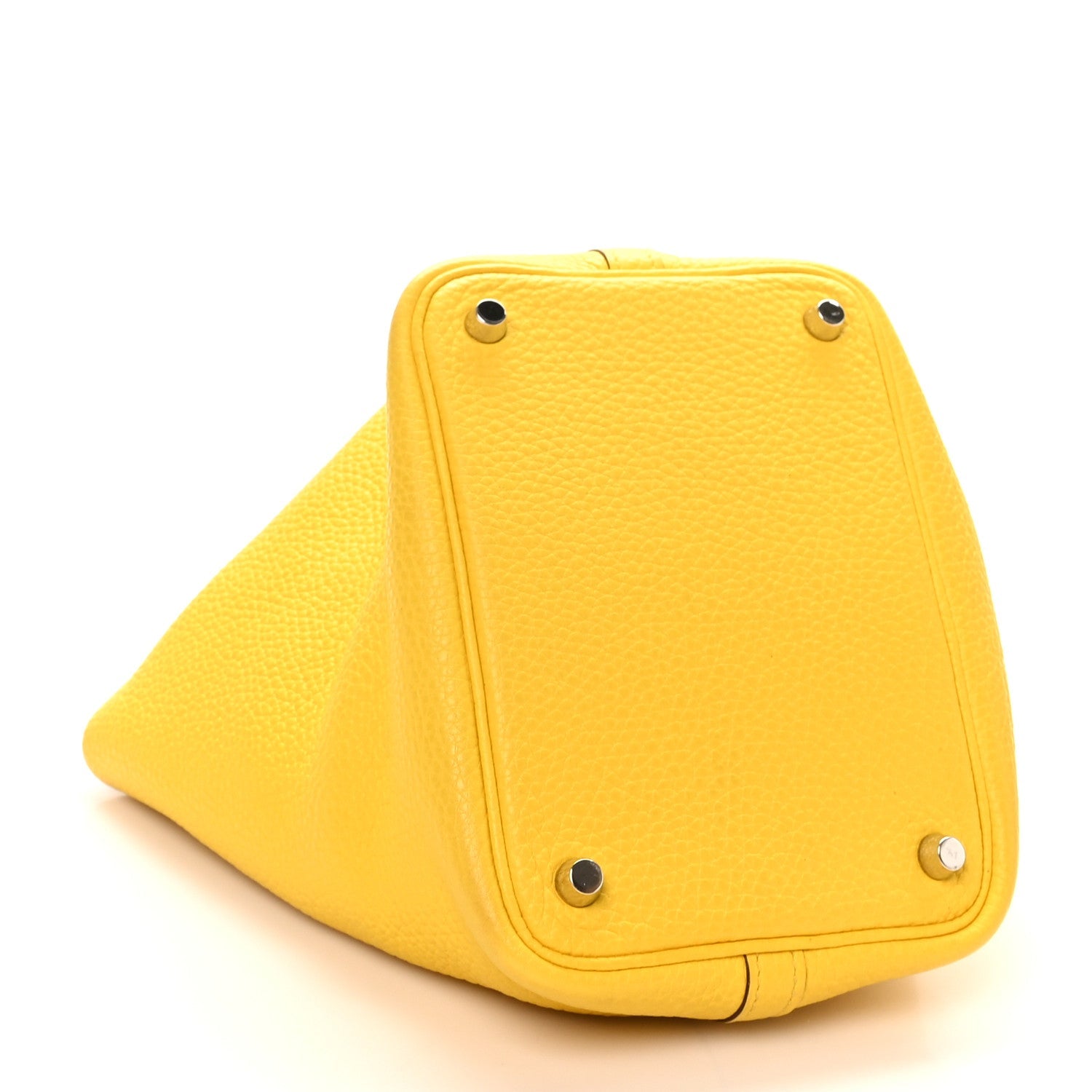 Lime yellow leather Picotin Lock bag with square base and corner studs