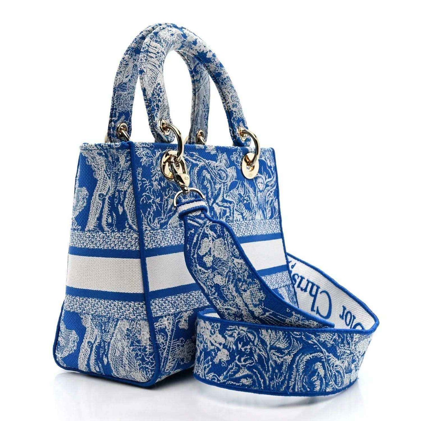 Dior tote bag with detachable strap in bright blue Toile de Jouy print