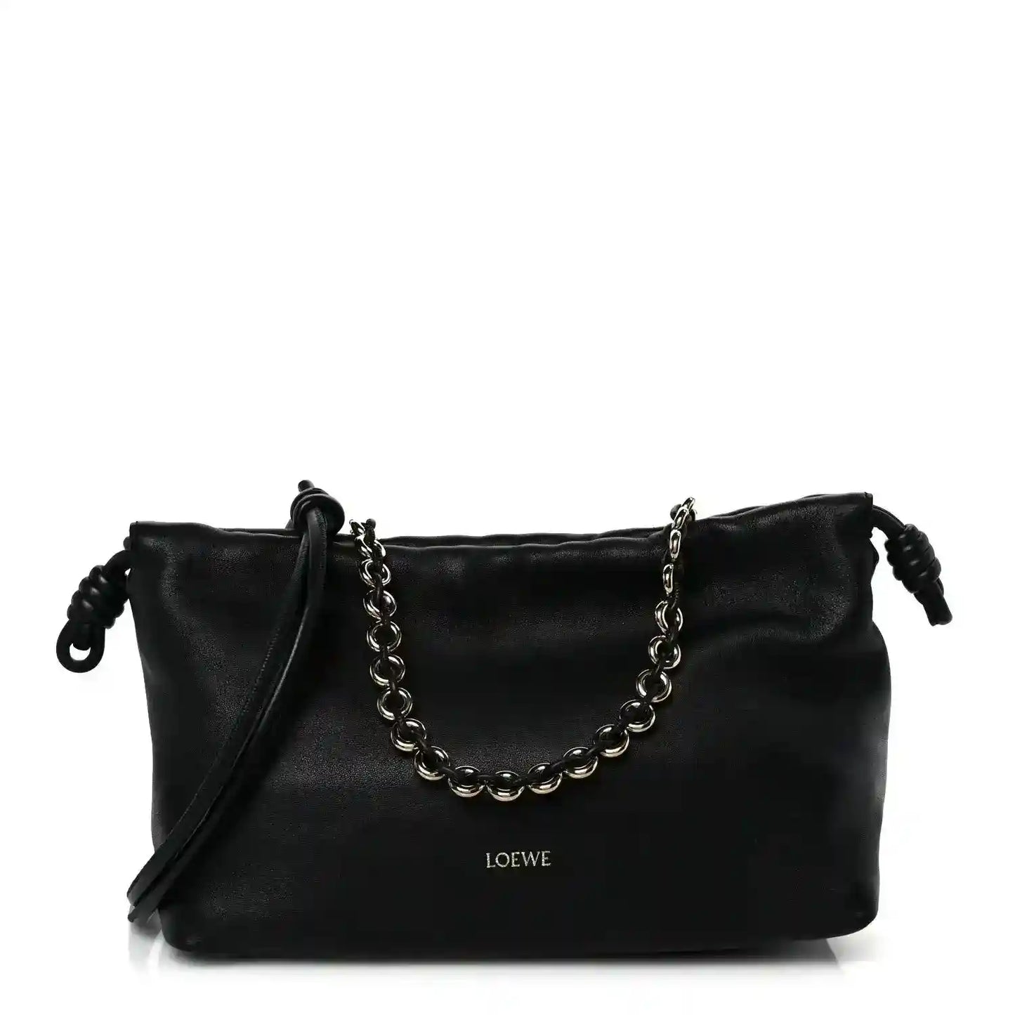 Black leather Flamenco-style clutch with chain strap and short shoulder drop handles.