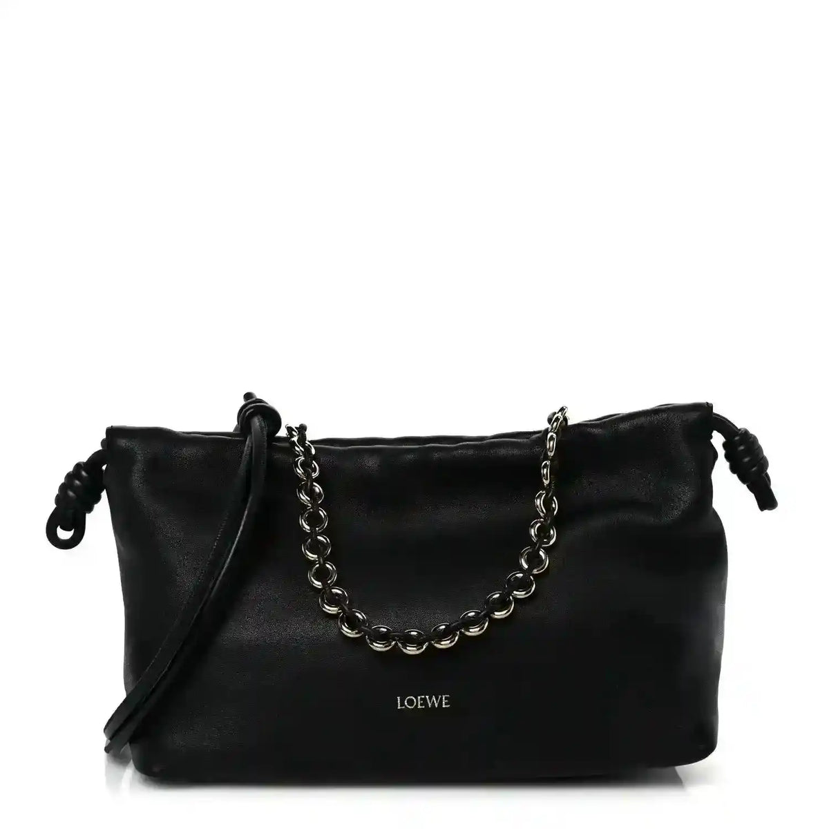 Black leather Flamenco-style clutch with chain strap and short shoulder drop handles.