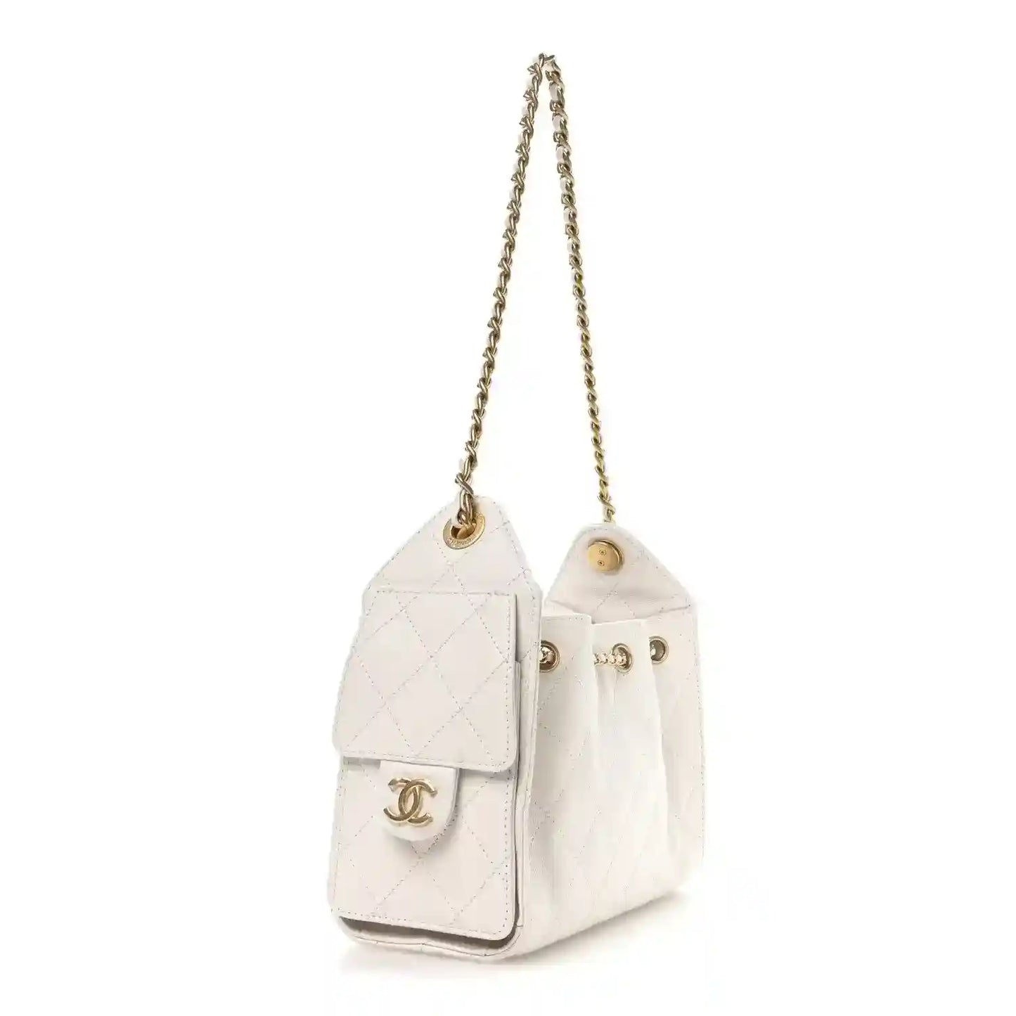 White mini handbag shown from side with flap closure and gold chain shoulder straps
