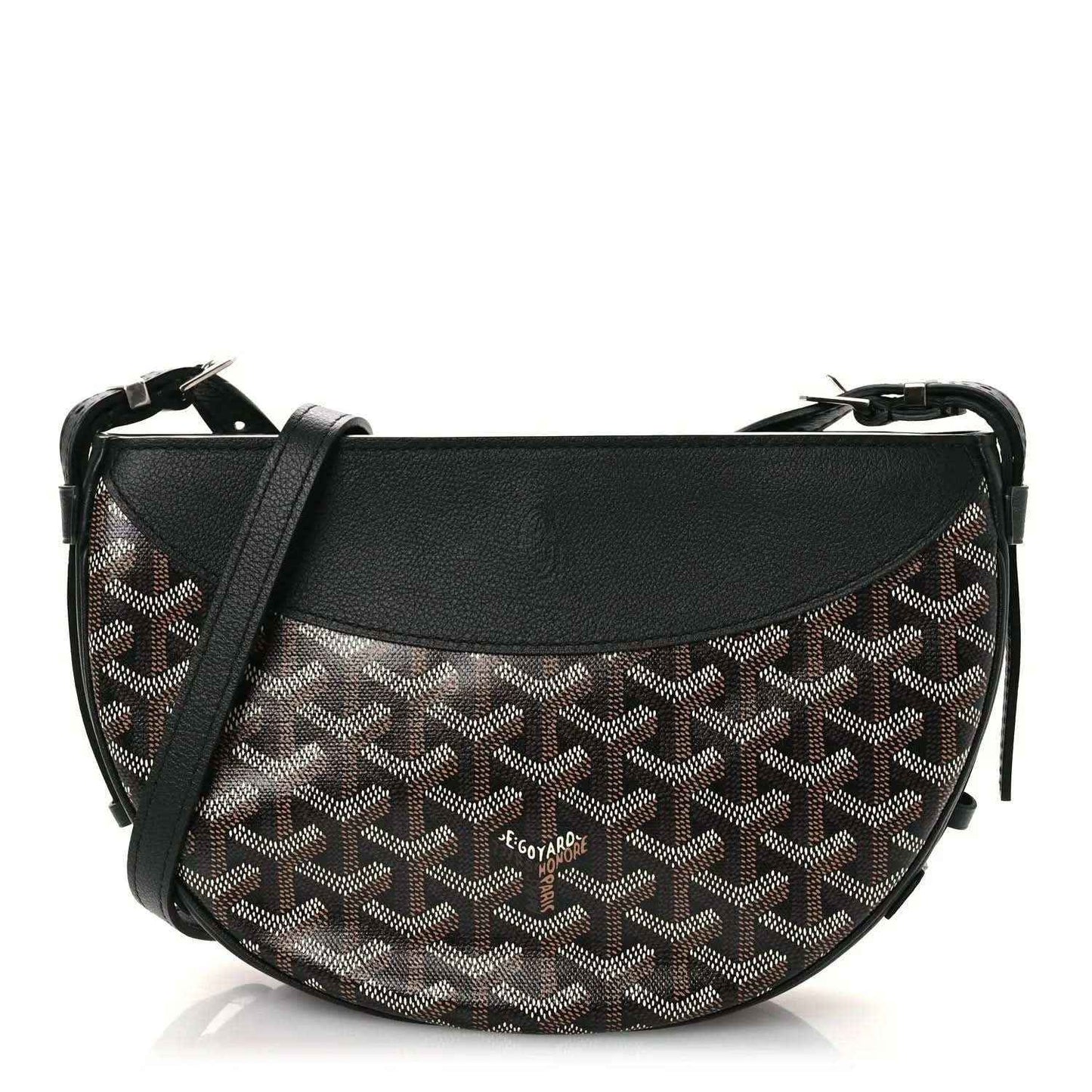 Black-and-brown monogram canvas crossbody handbag with leather flap and shoulder strap
