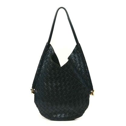 Medium hobo bag in dark green woven leather, top handles, gold hardware