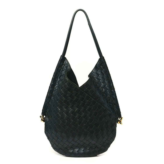 Medium hobo bag in dark green woven leather, top handles, gold hardware