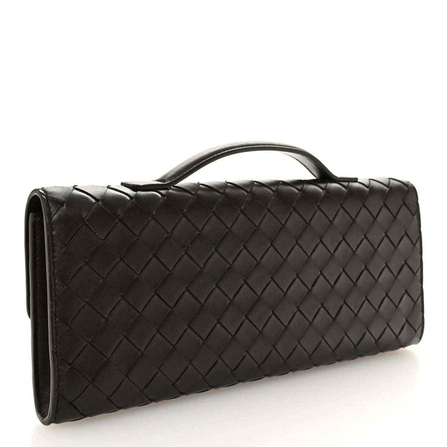 Black intrecciato nappa long clutch with top handle and woven texture