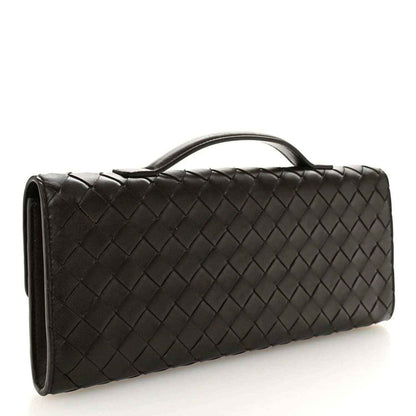 Black intrecciato nappa long clutch with top handle and woven texture