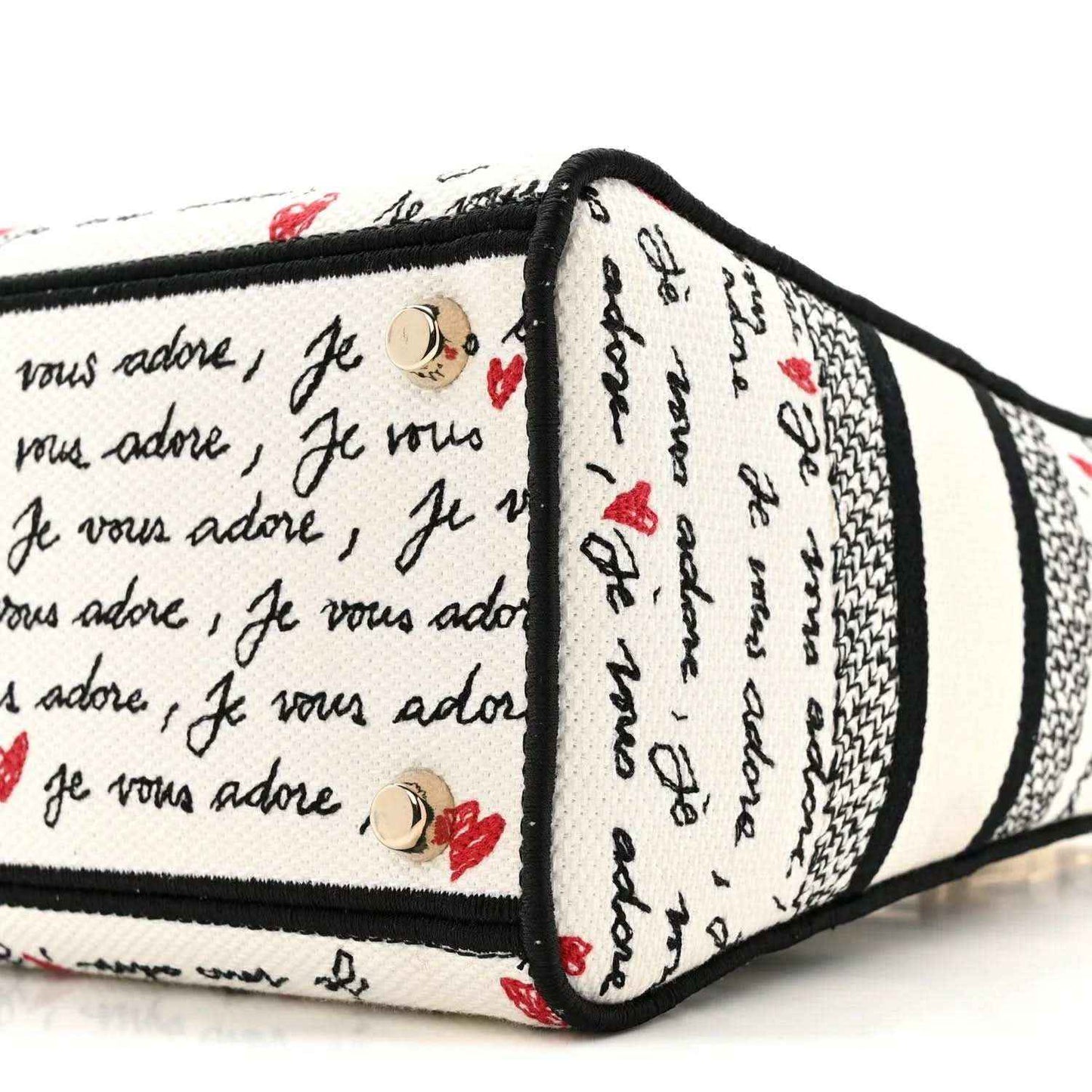 Christian Dior canvas handbag end panel with snap detail, “Je vous adore” print, red hearts